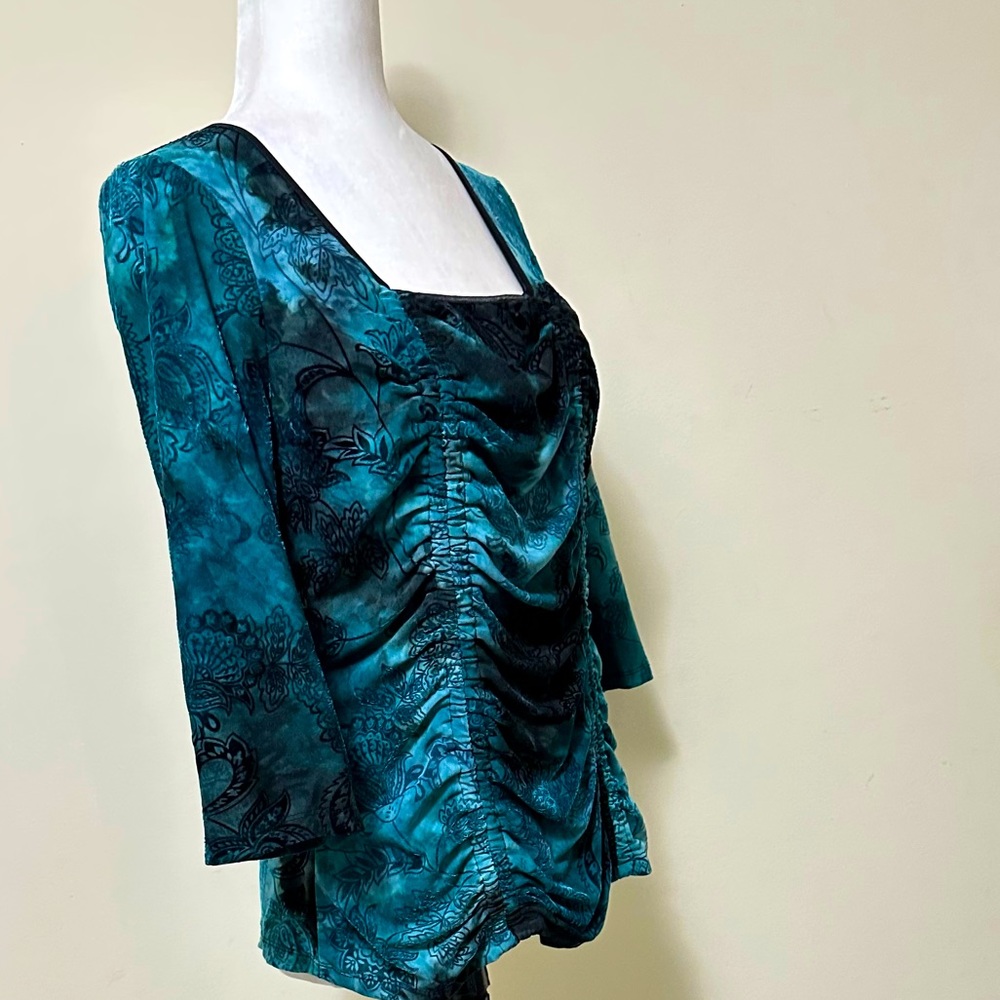 Sami & Jo Blue Green w Black Square Neckline Ruched Down Front Blouse Top LP - Picture 2 of 15